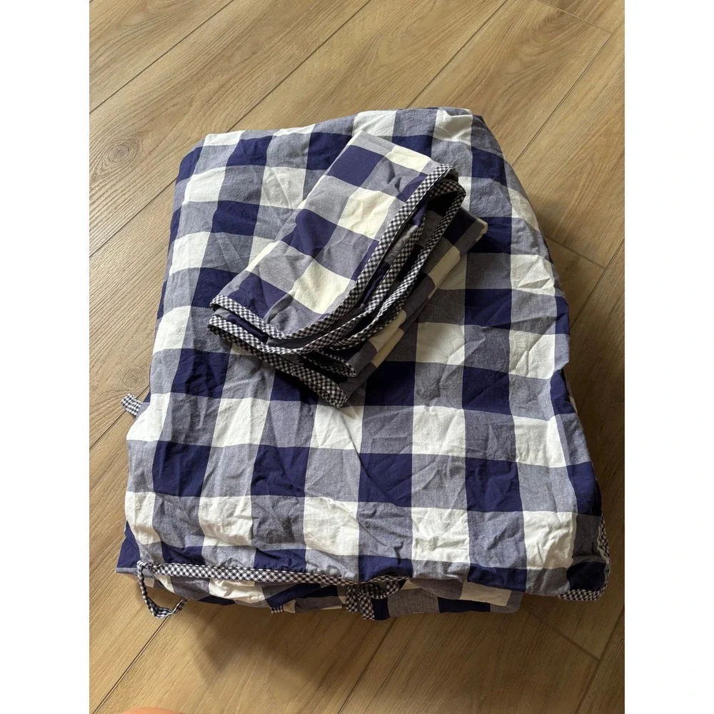 Pottery Barn King Duvet Cotton Blue White Buffalo Check Coastal Classic Preppy
